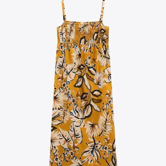 NEW ZARA PRINT DRESS MUSTARD MIDI WOMENS SIZE S Smocked Elastic - Picture 2 of 3